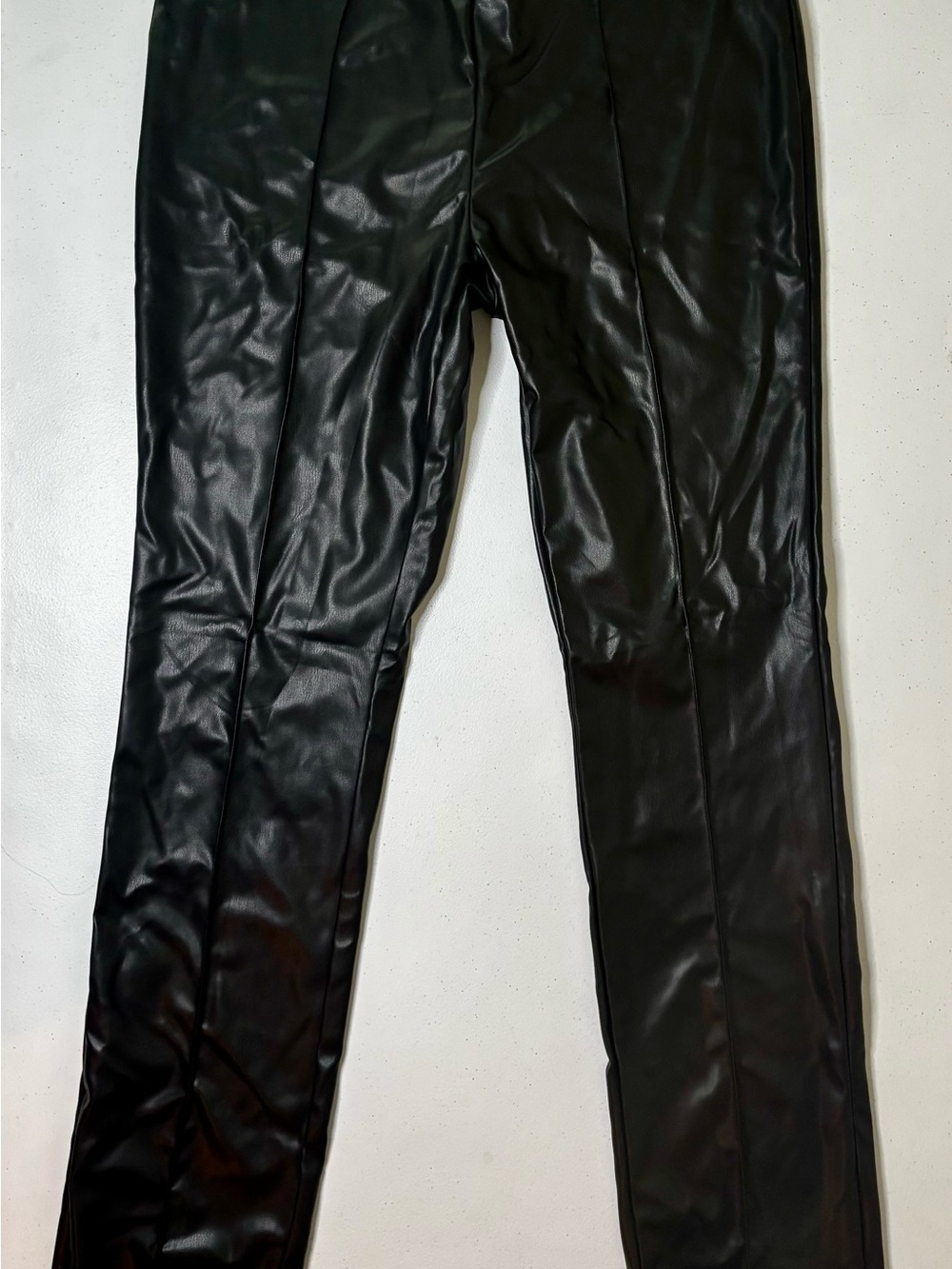 H&M Faux Leather Straight-Leg Pants Black Slit Hem - Picture 2 of 7